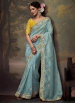 Fancy Sky Blue Party Wear Embroidery Work Saree